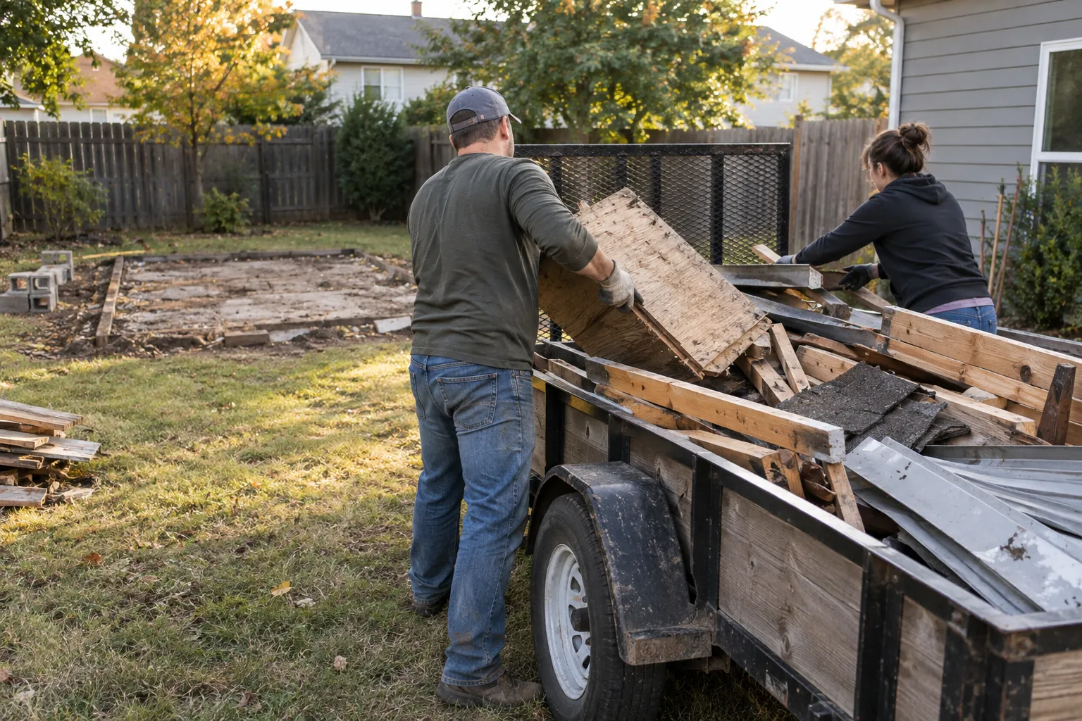 Shed Debris Removal service work in a residential backyard
