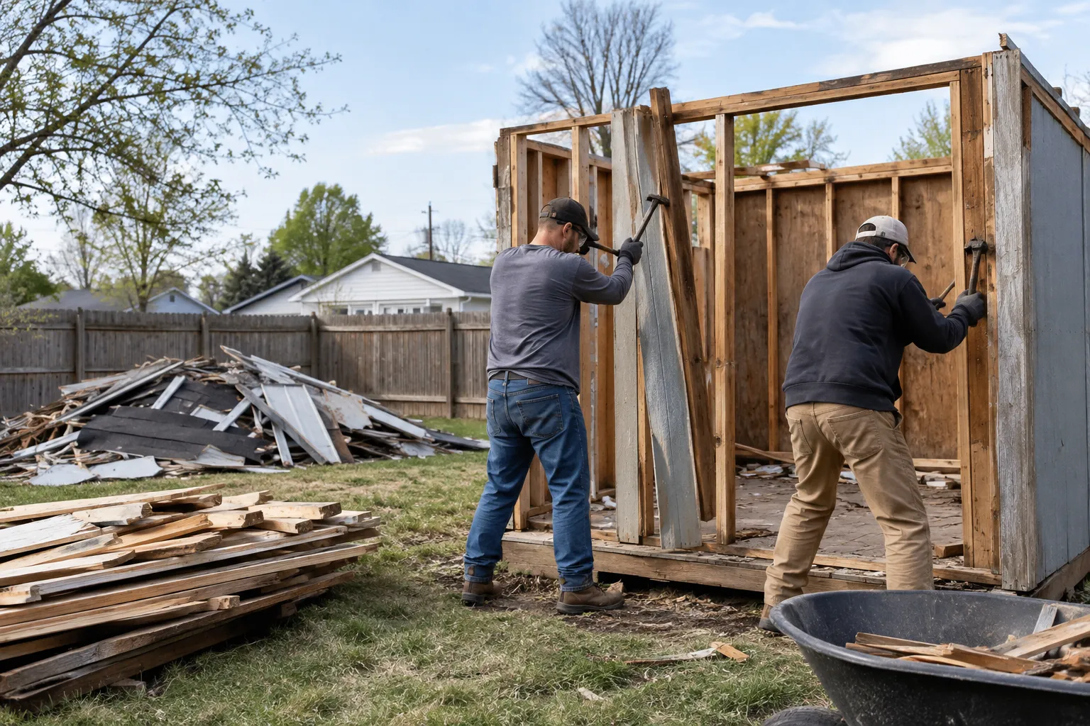 Shed Demolition service work in a residential backyard