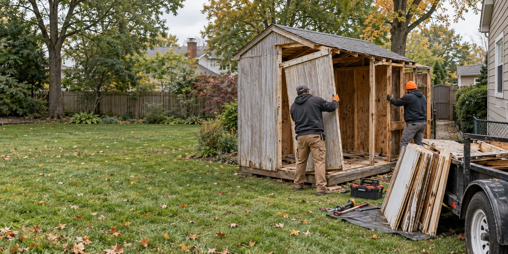 Workers carefully removing wall sections from a weathered backyard shed beside a utility trailer